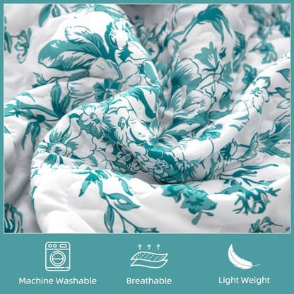 WONGS BEDDING Botanical Quilts Queen Size, Bedspread Set, Blue Green
