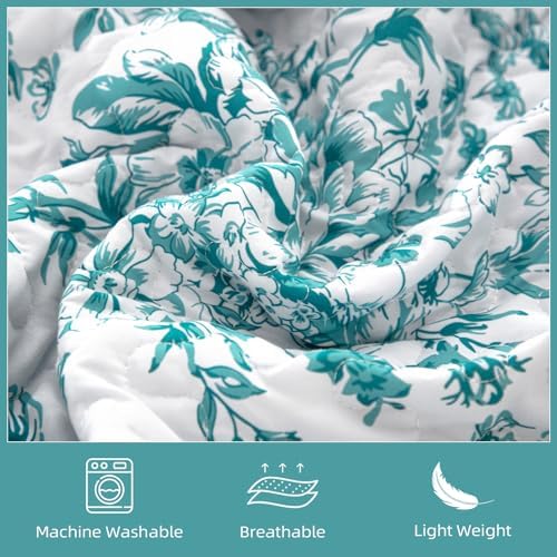 WONGS BEDDING Botanical King Quilt Bedding Set, Soft Bedspread, Blue Green