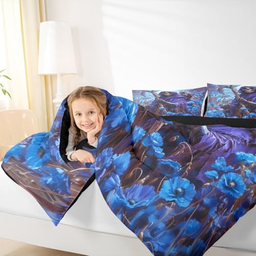 Skeleton Kids Comforter Set King Size,Skull Blue Poppy Flowers Moon Trippy Bedding Set,Girls Boys Room Decor,Happy Halloween Vintage Quilt Comforter,Gothic Romantic Duvet Insert,2 Pillowcases