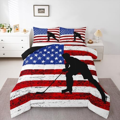 Erosebridal American Flag Comforter Set King, Hockey Bedding Set United States Sports Games Down Comforter for Kids Boys Teens Bedroom, Red White Geometric Stripes Duvet Sets with 2 Pillowcases