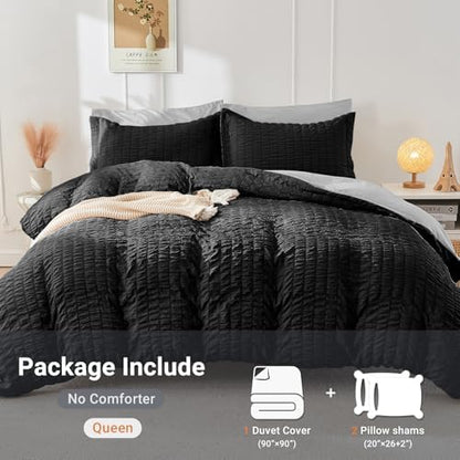 HYMOKEGE Black/Light Grey Duvet Cover Full Size, Ultra Soft 3-Piece Seersucker Duvet Cover Set with Zipper Closure, Soft Brushed Microfiber Bedding Set with 8 Corner Ties (80"x90", 2 Pillowshams)