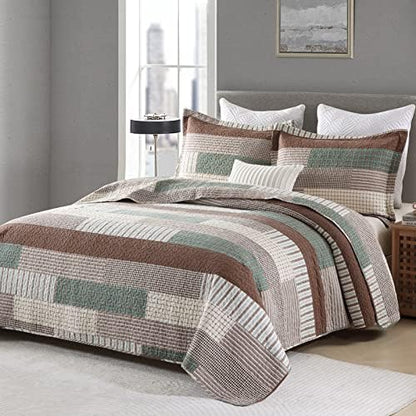 Finlonte Quilt Queen Size 100% Cotton Queen Size Quilts Brown Green Beige Bedspreads Plaid Quilts Lightweight Soft Breathable Bedding Sets for All Season, 3 Piece