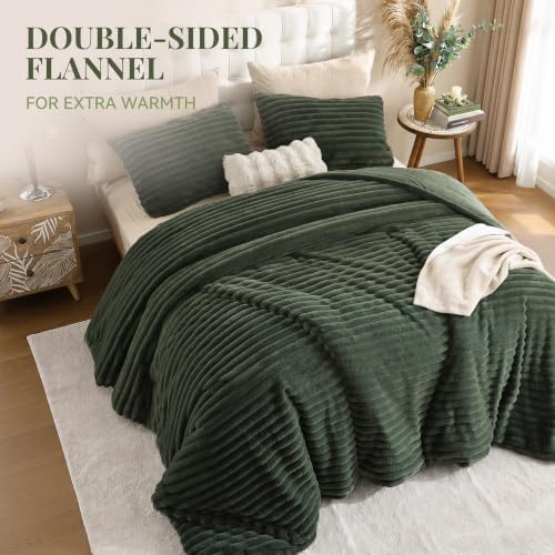 Smoofy Fluffy King Size Comforter 3 PCS - Olive Green Fleece Bedding Set