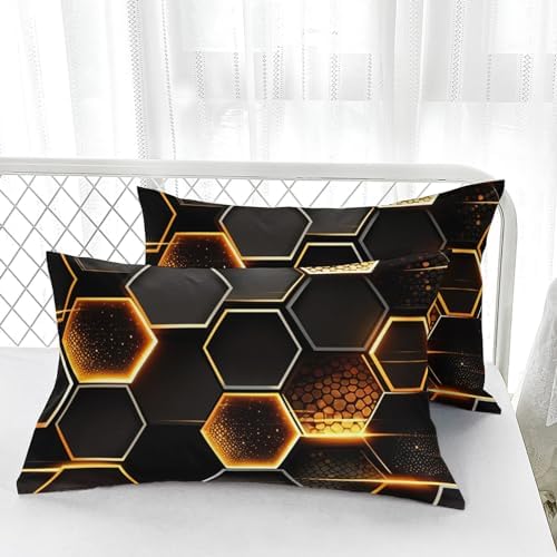 Nttopship Honeycomb Comforter Set Queen Size,100% Soft Ultra-fine Fiber Four Season Geometric Hexagon Golden Comforter Set with 1 Comforter and 2 Pillow Case