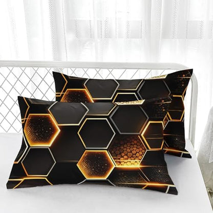 Nttopship Honeycomb Comforter Set Queen Size,100% Soft Ultra-fine Fiber Four Season Geometric Hexagon Golden Comforter Set with 1 Comforter and 2 Pillow Case