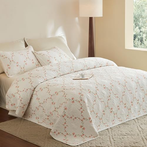 MarCielo 3pcs Cotton Quilt Set Beige Coral Floral