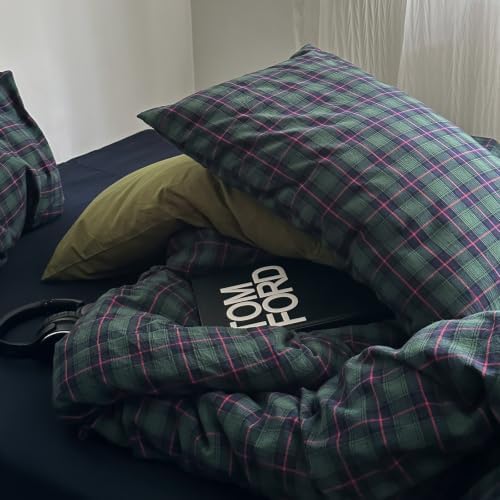mixinni Vintage Forest Green Buffalo Plaid Duvet Cover Set Twin Size - 3 Piece Mid-Century Washed Cotton Grid Bedding, Retro Breathable Comforter Cover with 2 Matching Pillowcases for All Season