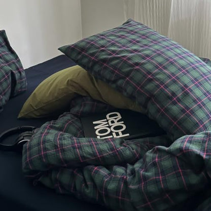 mixinni Vintage Forest Green Buffalo Plaid Duvet Cover Set Twin XL Size - 3 Piece Mid-Century Washed Cotton Grid Bedding, Retro Breathable Comforter Cover with 2 Matching Pillowcases for All Season
