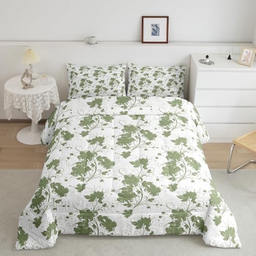 jejeloiu Green Flower Comforter Set Full Size Kids Floral Bedding Set for Boys Girls Teens Botanical Duvet Breathable Minimalist Aesthetics Quilt Bedroom Decor,1 Comforter with 2 Pillowcase