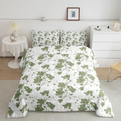 jejeloiu Green Flower Comforter Set Full Size Kids Floral Bedding Set for Boys Girls Teens Botanical Duvet Breathable Minimalist Aesthetics Quilt Bedroom Decor,1 Comforter with 2 Pillowcase