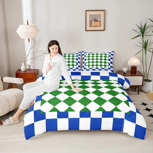 Feelyou Checkered Geometric Bedding Set for Boys Girls Blue Green Plaid Comforter Set Toddler Size Checkerboard Modern Aesthetic Duvet Quilt Reversible Grey Bedroom Decor 2 Pcs with 1 Pillow Cases