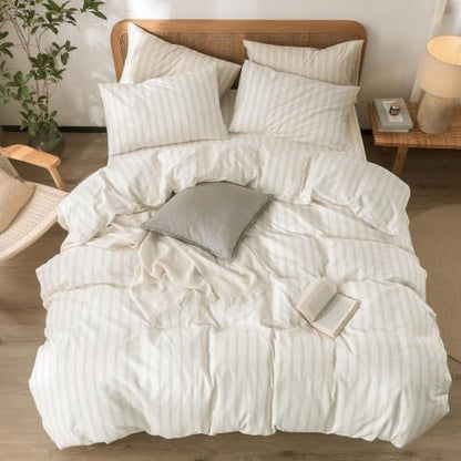 BESTOUCH Striped Cotton Duvet Cover Set Linen Feel Twin