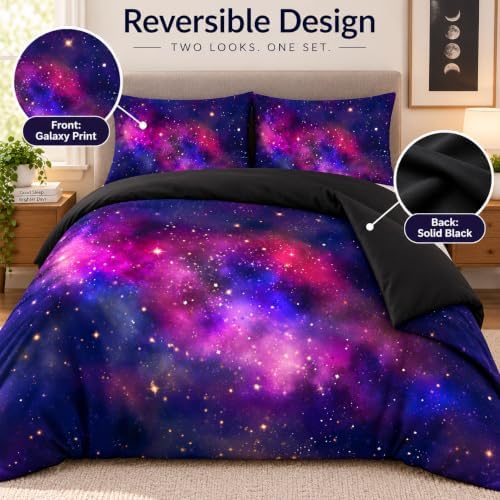 Galaxy Duvet Cover Space Bedding Set King Size for Teen Kids, for Boys and Girls Purple Bed Set Printed with 1 Comforter Cover and 2 Pillowcases
