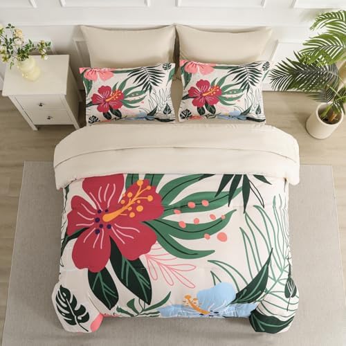 Yogeneg 7 Piece Bed in a Bag Queen Size Comforter Set Beige Bedding Set,Pink Floral Green Leaves Pattern Reversible Design,Soft Microfiber Comforter with Sheet Set,All Season(Beige,Queen)