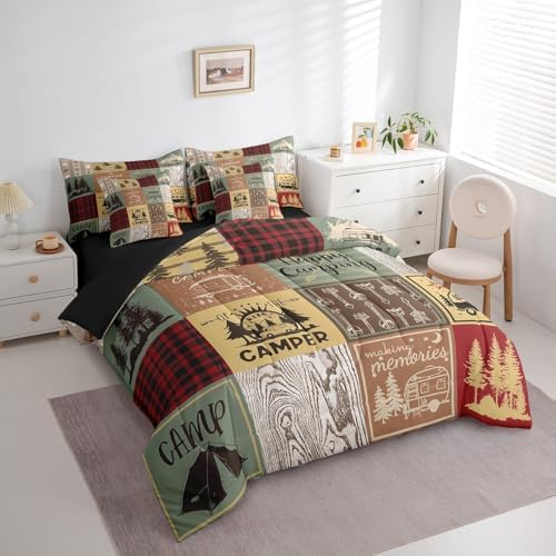 Erosebridal Retro Camper Bed in A Bag 7 Piece Happy Camping Full Comforter Set for Kids Adults,Rv Camping Decor Bedding Set for Travel Trailers Campers,Vintage Rustic Buffalo Plaid Bed Set