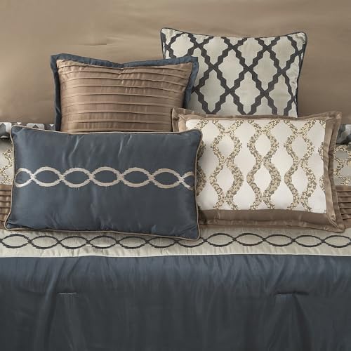 LANCO MODERN LIFESTYLE King Size Comforter Set, Grey Brown, 10 Piece Bed in a Bag for All Seasons, Luxury Extreme Comfort Bedding Sets with Bedskirt, Pillow Shams, Euro Shams and Decor Pillows