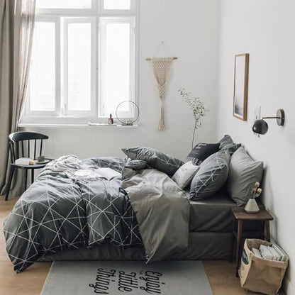 mixinni Full Size Comforter Set Soft Geometric Grey Geometric Checkered Plaid Printed Bedding Comforter for Men Boys, 1 Soft Microfiber Reversible Comforter with 2 Pillowcases for All Seasons