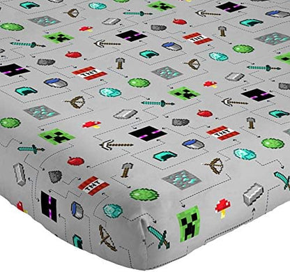 Jay Franco Kids Sheet Set with Fitted, Flat Sheets & Pillow Cover - Ultra-Soft Bedding with Pillowcase for Room Decor, Gray - Minecraft, 4 Piece Queen