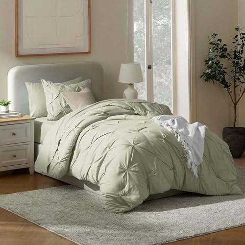 Nestl 7 Piece Twin Comforter Set – Light Sage Pinch Pleated Bed in a Bag – Complete Twin Size Bedding Set with Sheets, Set of 2 Cooling Pillows, Pillowcase and Sham