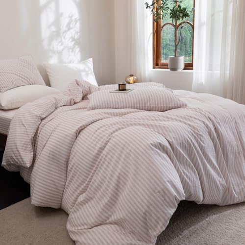 FOSSA Striped Duvet Cover Set Washed Cotton Linen Feel Oversized King Plus