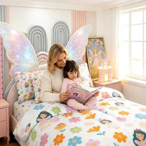 Erosebridal Cute Floral Twin Comforter Set with Sheets Boho Floral Kids Cartoon Fairy Princess 7 Piece Bedding Set Spring Rustic Flowers Bed in a Bag, Kawaii Elf Room Decor,White
