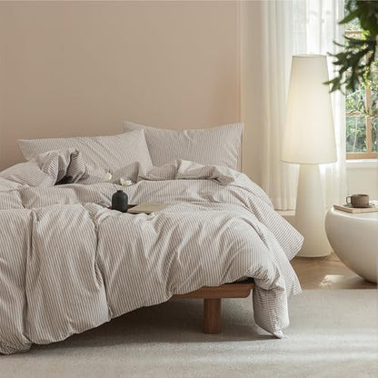 JIYUAN Oversized King Plus Washed Cotton Duvet Cover Set, Pinstripe