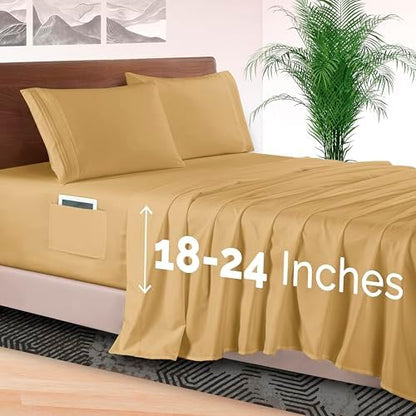 Elegant Comfort 4-Piece Bed Sheet Set - Luxury Bedding 1500 Premium Hotel Quality Microfiber, All Around Elastic 18-24 Inches Deep Fitted Sheet- Extra Deep Pocket Sheets, Queen, Camel-Gold
