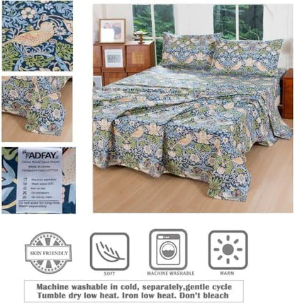 FADFAY Full 100% Egyptian Cotton Sheets Set 4 Piece, Vintage Botanical Floral Bird Print, Luxury Soft Breathable Cooling Deep Pocket Bed Sheets, Hotel Quality Bedding for Hot Sleepers All Season