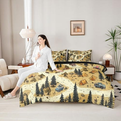 Erosebridal Camping Map Kids 7 Pcs Bedding Set King Size Camper Adventure Bed in A Bag Vintage Rv Farmhouse Comforter Set with Sheets Mountain Pine Tree Bed Sets for Boys Teens Men Bedroom Decor