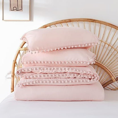 YIRDDEO Twin Comforter Set, Blush Pink Ball Pom Fringe Bedding Set 2 Pcs