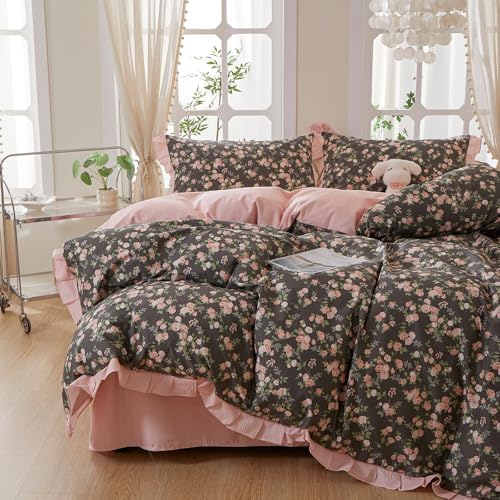 mixinni Vintage Floral Duvet Cover Set Queen Size – 100% Cotton Ruffle Lace Bedding, Pink Rose Flower and Green Leaf Print, Reversible Stripes Pattern, Grandmillennial Cottagecore Aesthetic 3Pcs