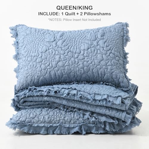 HORIMOTE HOME Blue Ruffled Quilt Queen Size, Stone-Washed Microfiber Lightweight Crinkled Farmhouse Rustic Shabby Chic Bedding Set, 3 Pieces Reversible Bedspread with Pillow Shams for All Season