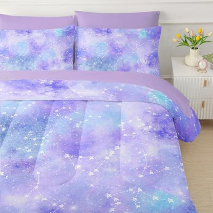 QOOMO Purple Galaxy 7 Pieces Comforter Set Queen,Purple Star Bedding Set