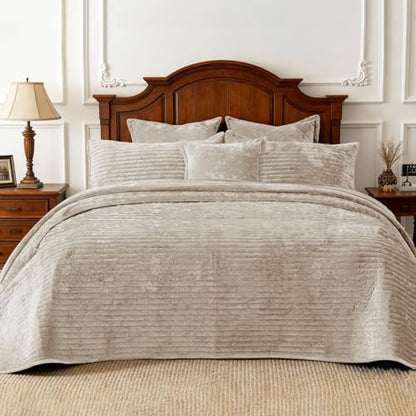 Califonia King Velvet Quilt Set Striped Bedspread 106x118