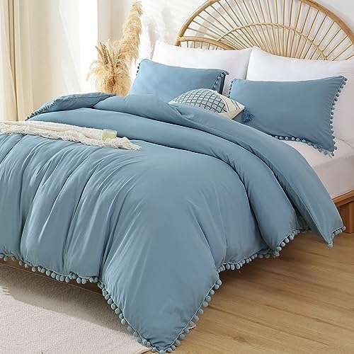 YIRDDEO Twin Comforter Set, Dusty Blue Ball Pom Fringe Bedding Set 2 Pieces