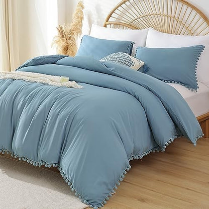 YIRDDEO Twin Comforter Set, Dusty Blue Ball Pom Fringe Bedding Set 2 Pieces