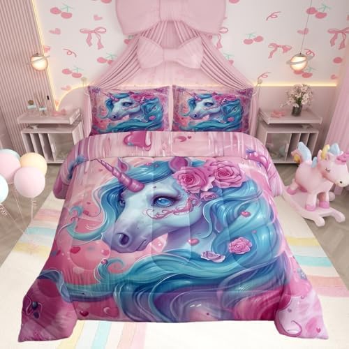 Castle Fairy Unicorn Comforter Sets Full Size Cartoon Unicorn Bedding Set for Kids Girls Boys Bedroom Soft Reversible Kawaii Rose Flower Pattern Cute All Season Quilt Set with 2 Pillowcases Pink Blue