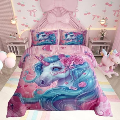 Unicorn Comforter Sets Queen Size Cartoon Unicorn Bedding Set for Kids Girls Boys Bedroom Soft Reversible Kawaii Rose Flower Pattern Cute All Season Quilt Set with 2 Pillowcases Pink Blue