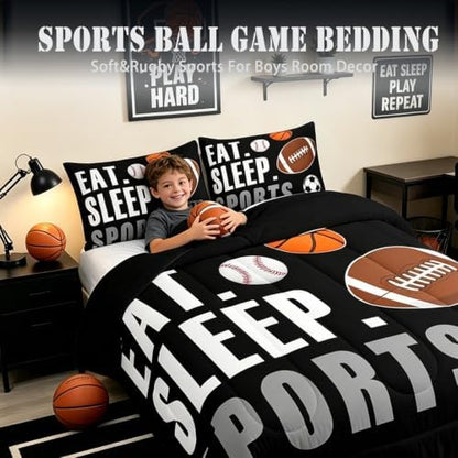 Feelyou Queen Size Sports Comforter Set Boys Girls Bedding Set for Sports Lover Gift Ultra Soft Football Soccer Basketball Baseball Quilt Breathable Lightweight Microfiber Black Ball Game Room Decor