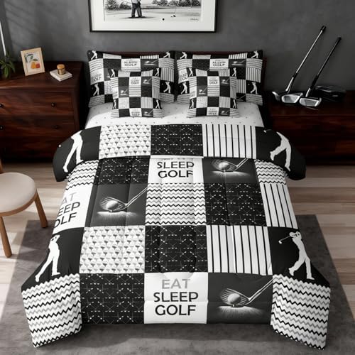 Erosebridal Golf Bedding Comforter Set with Sheets - Sports Twin Bedding Sets for Boys, 7 Pieces Golf Patchwork Comforter Sets for All Season, Lightweight Soft Sports Themed Bed in A Bag