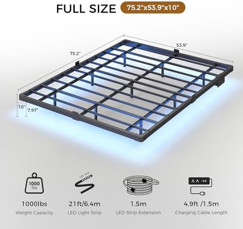 Floating Bed Frame Full Size with 4-Side Underbed RGB LED Lights & Charging Station, Modern Metal Platform Bed No Box Spring Needed, 10in Comfort Height, Sturdy 1000lbs Support for Bedroom