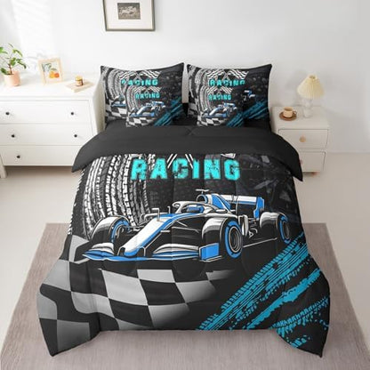 Kids Boys Sports Car Comforter Set 7 Pieces,Blue Race Car Bed Set,Extreme Sports Theme Bedding Bed in a Bag Soft,Full (1 Comforter,2 Pillowcase,2 Pillow Covers,1 Flat Sheet,1 Fitted Sheet)