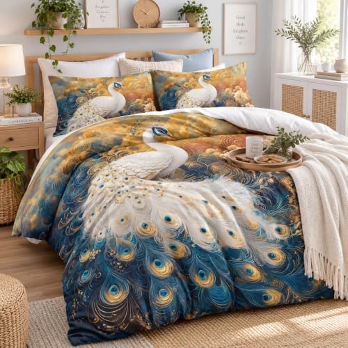 CCoutueChen Peacock Bedding Set King Size, Dark Blue and Golden Comforter Sets for Women Luxury Feather Bedroom Decor, 3 Pcs 2 Pillowcases, 104"x90"