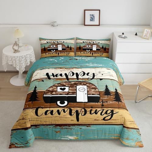 Manfei Rustic Adventure Camper Kids Comforter Set Queen Size,Happy Camping Farmhouse Cabin Lake House Bedding Set,Wooden Plank Pine Nature Quilt Comforter,Brown Retro Duvet Insert,2 Pillowcases