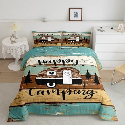 Manfei Rustic Adventure Camper Kids Comforter Set Queen Size,Happy Camping Farmhouse Cabin Lake House Bedding Set,Wooden Plank Pine Nature Quilt Comforter,Brown Retro Duvet Insert,2 Pillowcases