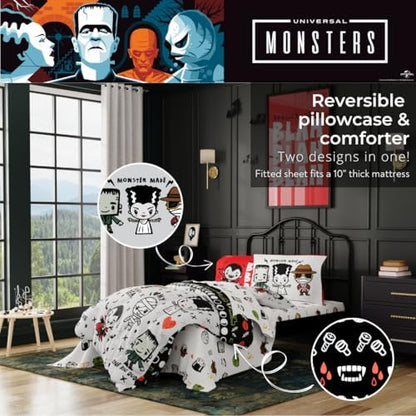 Universal Little Monsters Halloween 5 Piece Twin Bedding Set - Super Soft Cozy Reversible Comforter and Sheet Set with Sham, (Officially Licensed Product) By Franco