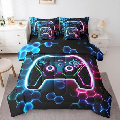 Erosebridal 3D Gamer Comforter Sets with Sheets - Cool Gaming Bedding Set Twin for Boys Girls Colorful Neon Lights 7Pcs Bed in A Bag, Hexagon Honeycomb Bed Set
