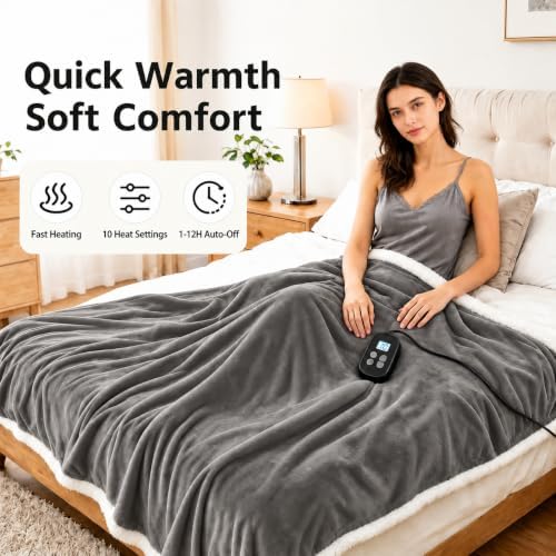 Electric Heated Blanket Full Size 72" x 84", Soft Flannel Heating Blanket for Bed, Sofa, Bedroom, 10 Heat Settings, 1-12H Auto Shut Off, Overheat Protection, Machine Washable, Light Gray