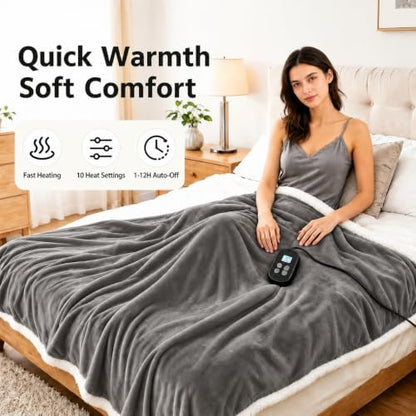 Electric Heated Blanket Full Size 72" x 84", Soft Flannel Heating Blanket for Bed, Sofa, Bedroom, 10 Heat Settings, 1-12H Auto Shut Off, Overheat Protection, Machine Washable, Light Gray