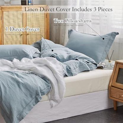 Simple&Opulence 100% French Linen Duvet Cover Set with Embroidered,2 Pcs Washed Soft Farmhouse Bedding Set with Button Closure,1 Comforter Cover and 1 Pillowsham(Twin,Dusty Blue)